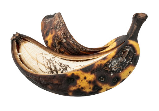 Overripe banana isolated on transparent background, showing signs of decay with its dark spots and soft texture, representing the natural process of decomposition