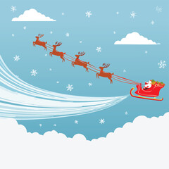 Flat Vector Christmas Reindeer and Sleigh Flying in Winter Sky