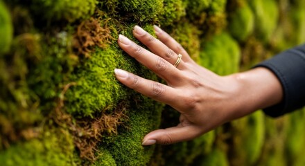 Close-up of a hand feeling the soft texture of green moss. Human connection with the natural environment