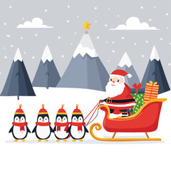 Cheerful Penguins Pulling Sleigh in Snowy Winter Wonderland