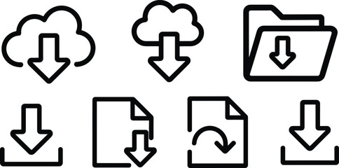 Cloud download icons, file transfer symbols, data storage signs, outline download set, digital save elements, modern interface graphics, UI resources pack