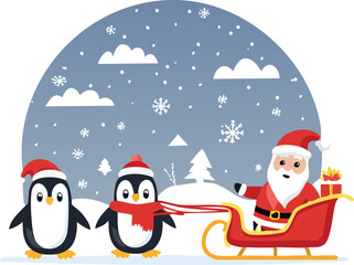Humorous Cartoon Penguins Pulling Santa's Sleigh