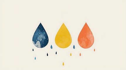 Vibrant Abstract Liquid Drops: Sleek Blue, Sunny Yellow, and Warm Orange Shapes with Graceful, Flowing Miniature Drips