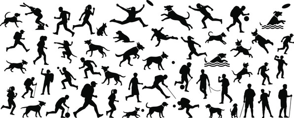 Dog and human silhouettes, playful activities, black vector, outdoor fun, pet interaction, minimal style, graphic set, exercise icons