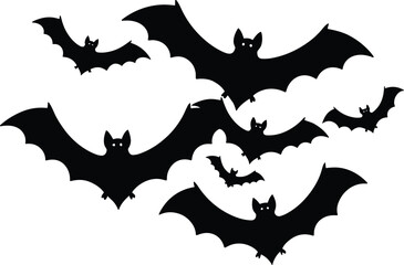 Flying bat silhouettes, spooky design, black vector, Halloween theme, glowing eyes, nocturnal creatures, minimal style, horror art, graphic set