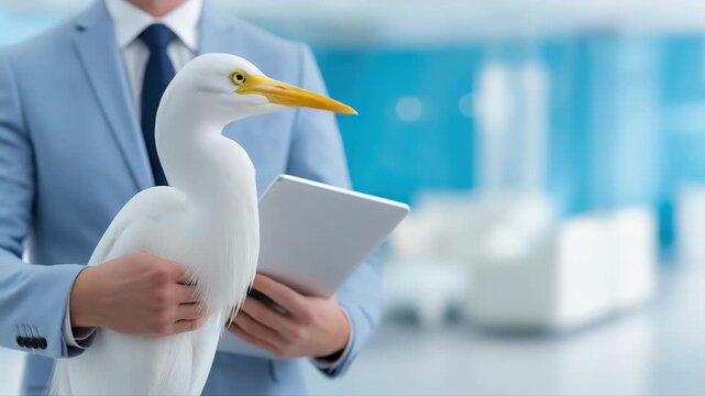 Elegant egret with tablet held by businessman in modern office setting