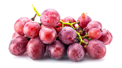 A cluster of fresh red grapes with a glossy surface. The grapes are plump and juicy, showcasing a vibrant color against a white background.