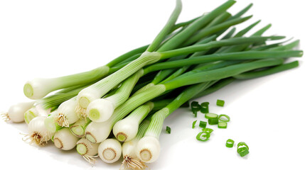 Fresh green onions arranged on a white background. The onions have long green stalks and small white bulbs. Ideal for cooking and garnishing dishes.