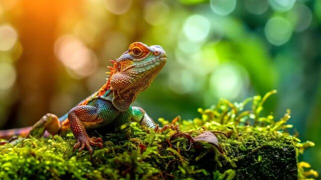 Colorful lizard portrait on mossy surface with blurred green background and bright sunlight