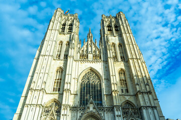 Brussels Cathedral of St. Michael and St. Gudulia. Belgium Brussels main church. Ancient Gothic building architecture