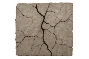 Dry cracked earth surface showing abstract texture and pattern, symbolizing drought, global warming, or ecological catastrophe, transparent background