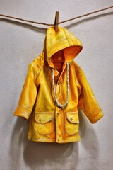 Vibrant child's raincoat displayed on a clothesline indoor watercolor art