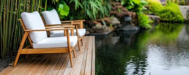 Chairs on Deck with Pond View Tropical Tranquility, Relax , Outdoor furniture