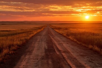 Fototapeta premium Vast open landscape with a dirt road leading to a vibrant sunset