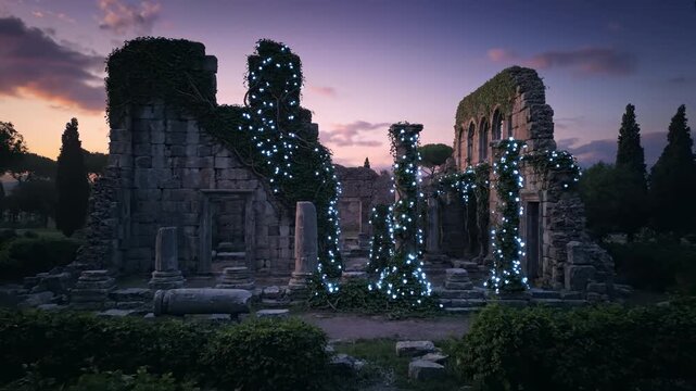 Ancient Ruins Gleam With Fairy Lights Under Twilight Sky