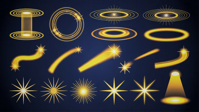 Golden glowing light effects set with stars, trails, and rings - Powered by Adobe