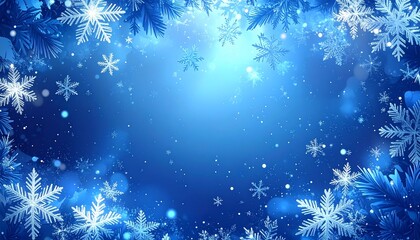 Marco decorativo azul de copos de nieve blancos alrededor de todo el borde, con diferentes tamaños y diseños, creando un efecto helado y festivo. Pequeñas partículas de nieve dispersas por el fondo.