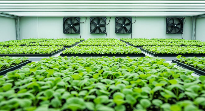 Indoor vertical farm with fresh green seedlings growing under led lights in controlled environment - Powered by Adobe