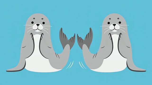 Two Cute Seals Clapping Hands Cartoon Animation on Blue Background.