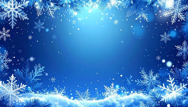 Marco decorativo azul de copos de nieve blancos alrededor de todo el borde, con diferentes tamaños y diseños, creando un efecto helado y festivo. Pequeñas partículas de nieve dispersas por el fondo. - Powered by Adobe