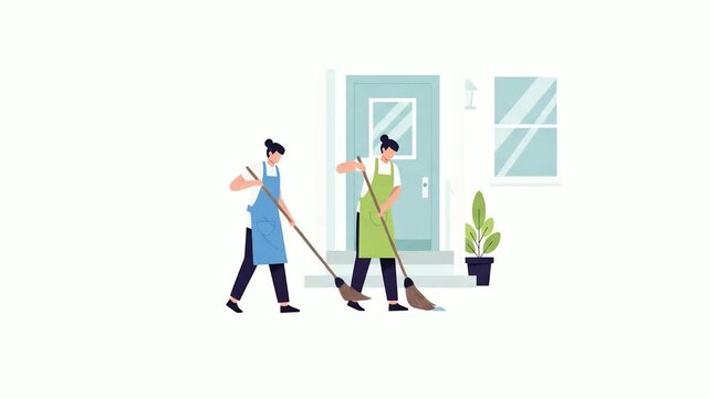 Two people cleaning the entrance of a house with brooms.