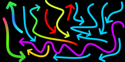 A chaotic collection of colorful hand-drawn arrows pointing in multiple directions on a black background.