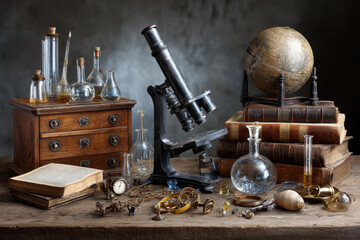 Exploring the intricate world of vintage scientific instruments on an antique table