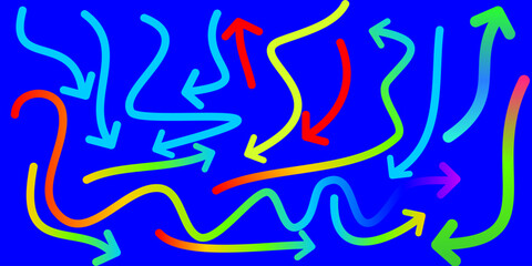 A vibrant collection of colorful, hand-drawn wavy arrows pointing in multiple directions on a bright blue background, symbolizing chaos and choice.