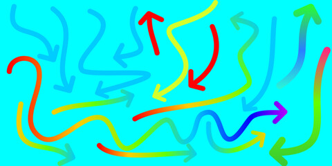 A vibrant collection of colorful, hand-drawn arrows pointing in multiple directions on a turquoise background.
