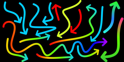 A vibrant collection of hand-drawn, wavy, rainbow-colored arrows pointing in multiple directions on a black background.