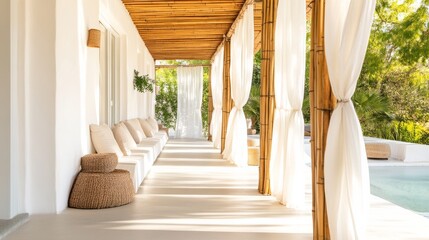Elegant White Patio with Bamboo and Sheer Curtains, Outdoor living ,Luxury design