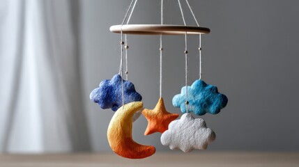 Whimsical crib mobile with moon and stars nursery watercolor art calm atmosphere
