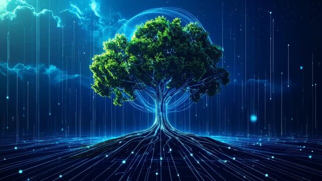 Digital tree illustration with glowing lines and clouds representing technology and nature