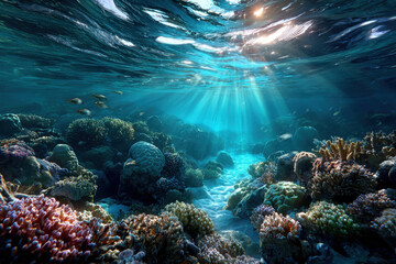 Fototapeta premium Sunlit Coral Reef with Tropical Fish Underwater Scene