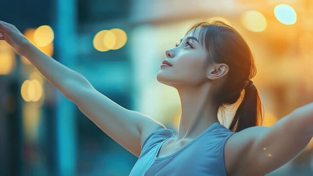 A woman stands with her arms outstretched towards the sky, conveying joy and freedom - Powered by Adobe