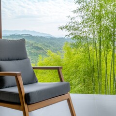 Naklejka premium Gray Lounge Chair with Mountain View and Bamboo, outdoor ,furniture