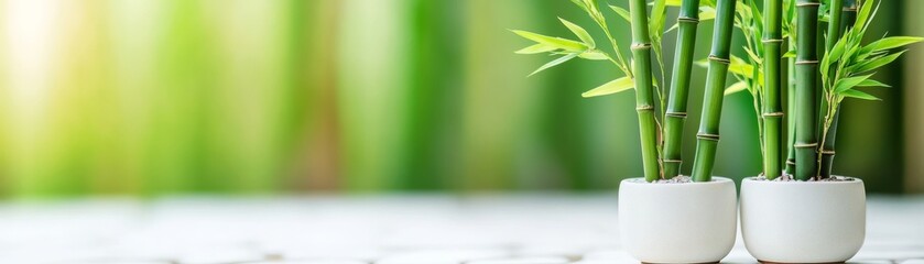 Obraz premium Green Bamboo Stalks in White Pots, Zen Garden, Indoor Plants