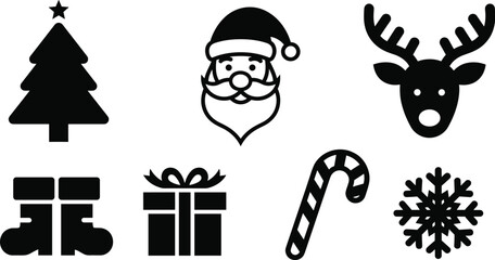 Christmas silhouette icons, festive symbols, Santa Claus, reindeer, snowflake, candy cane, stockings, gift box, winter holiday decorations, black vector, seasonal graphic set