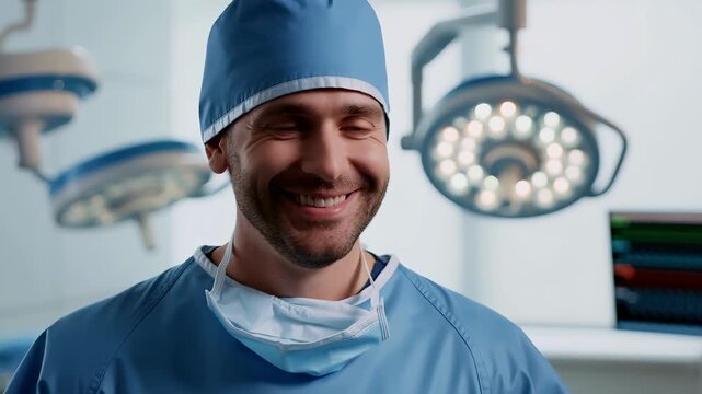 Male surgeon in scrubs and cap securing a sterile surgical mask in an operating room under surgical lights, preparing for a procedure with focused, professional attention