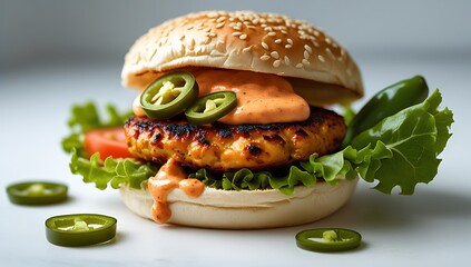 Delicious gourmet burger with jalape?os and spicy sauce on a sesame seed bun presentation