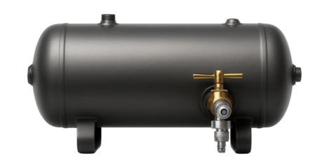 Horizontal air receiver with built-in drain valve for industrial use.