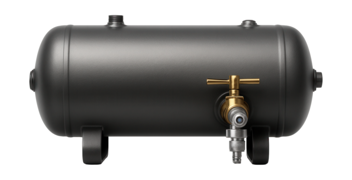 Horizontal air receiver with built-in drain valve for industrial use.