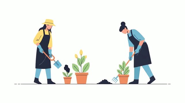 Two Women Gardening and Planting Plants in Pots.