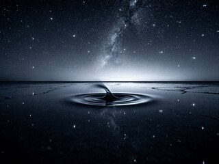 Cosmic Water Vortex Under Starry Night Sky on Still Reflective Shoreline  
