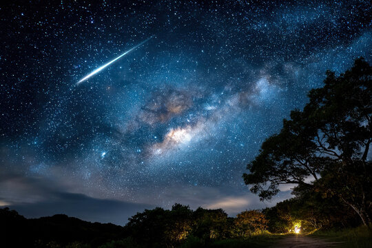 Stargazing night featuring the Milky Way and a shooting star over a tranquil landscape
