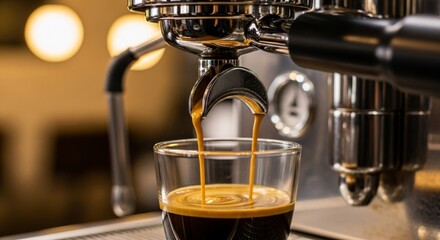 Espresso shot being pulled into a glass from an espresso machine.