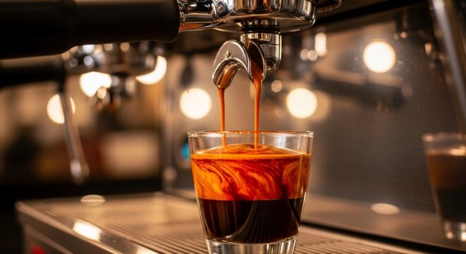 Espresso shot being poured into a glass from an espresso machine.