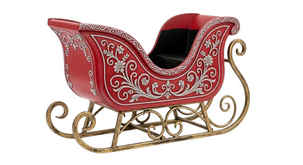 A red christmas sleigh with silver floral designs isolated on transparent background, perfect for holiday decorations and festive displays, creating a magical atmosphere