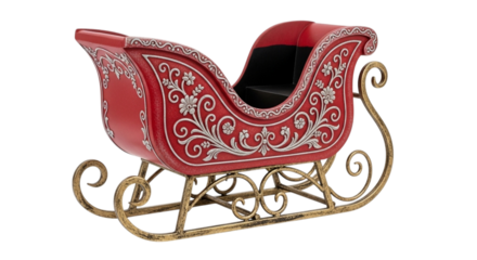 A red christmas sleigh with silver floral designs isolated on transparent background, perfect for holiday decorations and festive displays, creating a magical atmosphere