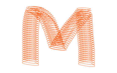 Letter M. Orange Spiral. 3D Typography. An isolated 3D orange spiral wireframe letter M PNG clip art on a transparent background for a creative logo, alphabet, or flexible concept.